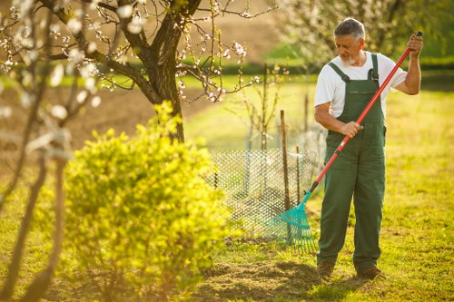 Landscaping and lawn maintenance team working in a courtyard
